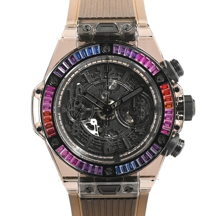 HUBLOT WATCH: HUBLOT Watch Brand: HUBLOT Type: N/A Material: Band Material Sapphire Crystal/Rubber Strap, Case Material N/A Color: Band Color N/A Size: Band Size none, Case Size 49mm (actual size) 