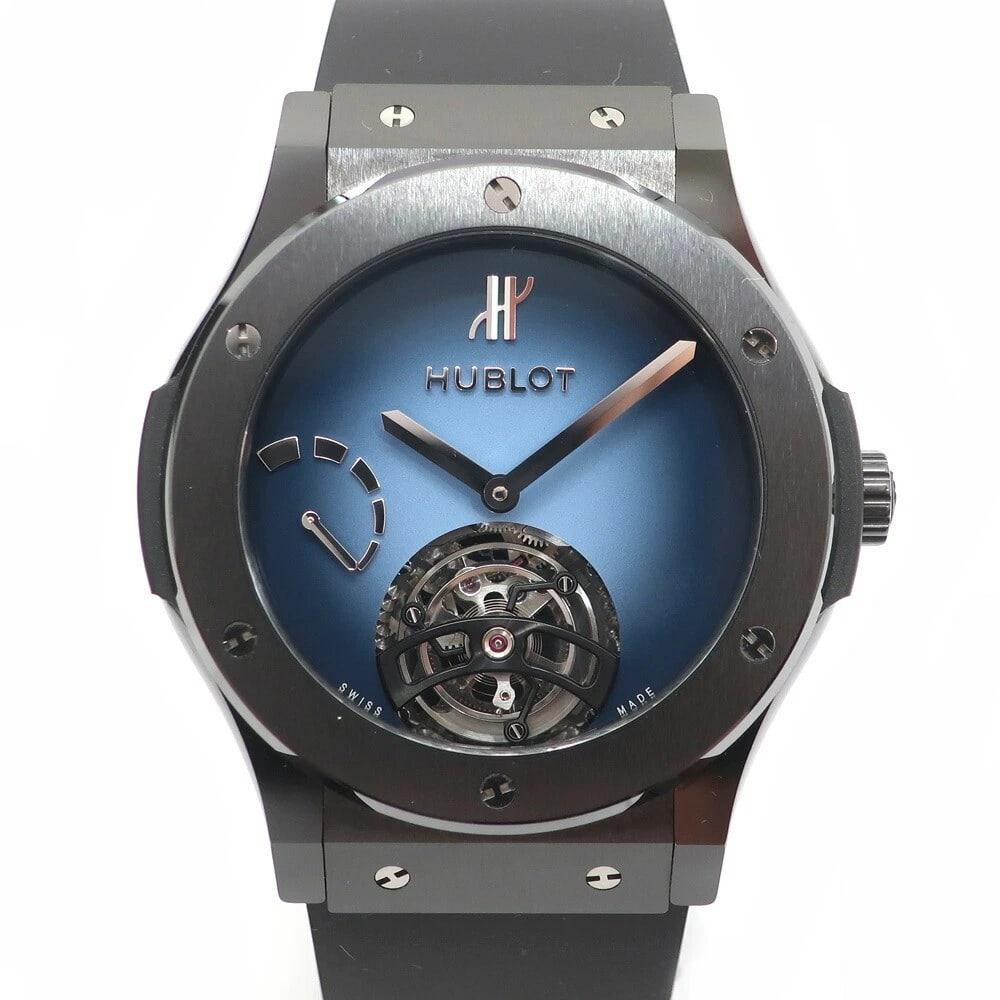 HUBLOT WATCH: HUBLOT Watch Brand: HUBLOT Type: Wristwatch Material: Band Material Black Ceramic, Case Material Sapphire Crystal Color: Band Color Blue Size: Band Size 19cm, Case Size 45mm (excluding crown) 