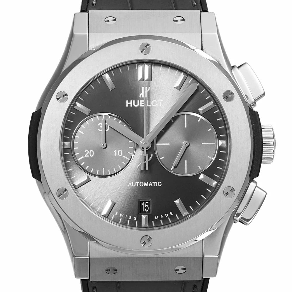 HUBLOT CLASSIC FUSION GRAY WATCH: HUBLOT Classic Fusion Gray Watch Brand: HUBLOT Type: N/A Material: Band Material Titanium, Case Material N/A Color: Band Color Gray Size: Band Size none, Case Size 45mm x 45mm Accessories: None