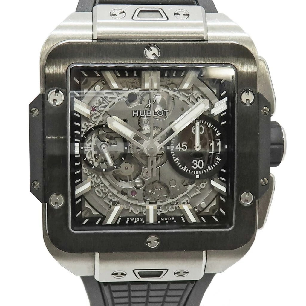 HUBLOT SQUARE BANG TITANIUM CERAMIC WATCH: HUBLOT Square Bang Titanium Ceramic Watch Brand: HUBLOT Type: Wristwatch Material: Band Material Ceramic X Titanium X Rubber, Case Material Sapphire Crystal Color: Band Color NA Size: Band
