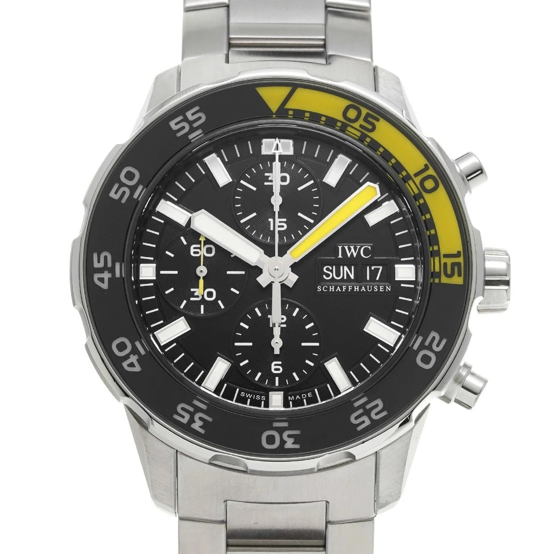 IWC AQUATIMER CHRONOGRAPH WATCH: IWC Aquatimer Chronograph Watch Brand: IWC Type: N/A Material: Band Material Stainless, Case Material Sapphire Crystal Color: Band Color Black Size: Band Size none, Case Size 45.6×45.6mm 