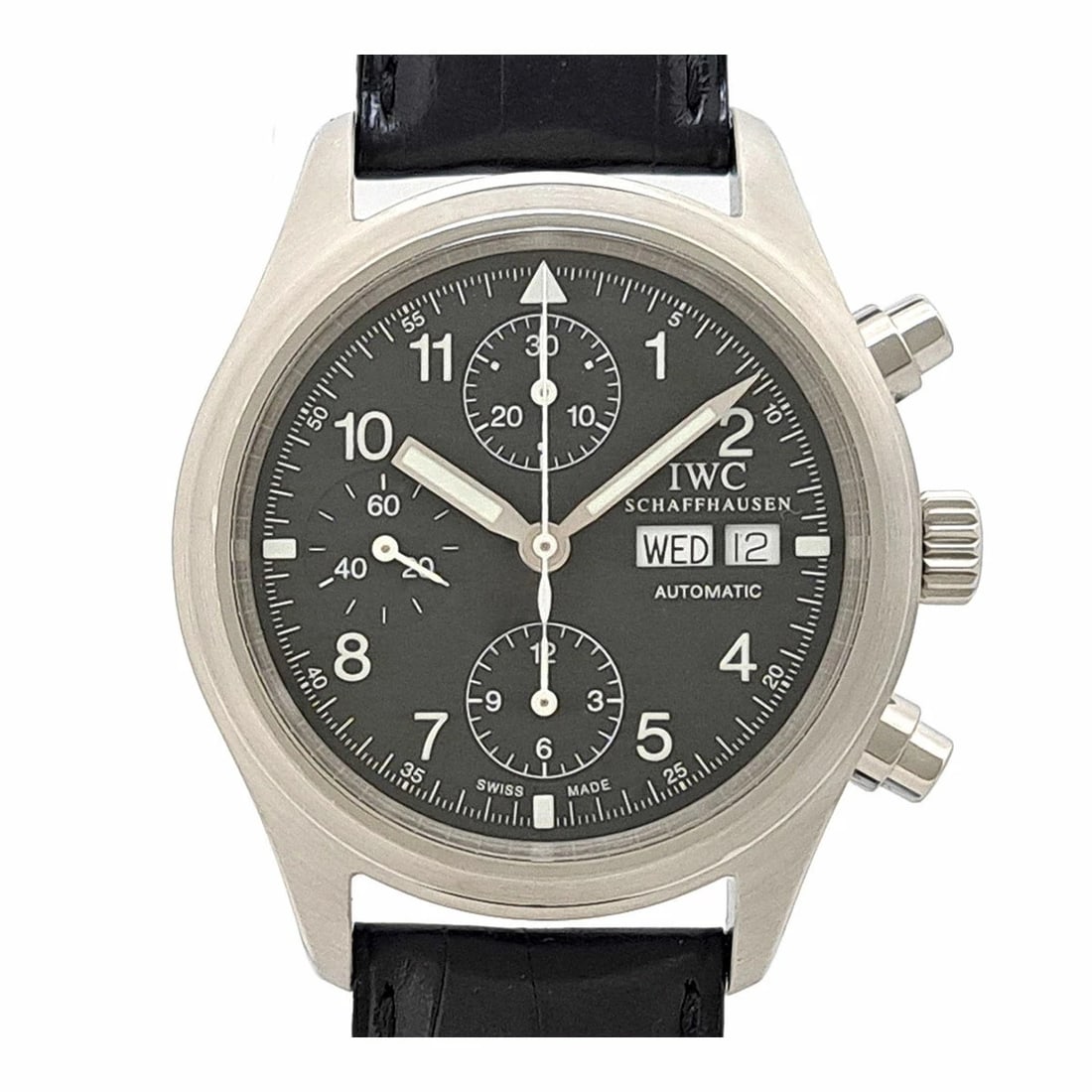 IWC FLIEGER CHRONOGRAPH BLACK WATCH: IWC Flieger Chronograph Black Watch Brand: IWC Type: N/A Material: Band Material Stainless Steel, Case Material N/A Color: Band Color Black Size: Band Size none, Case Size 39mm Accessories: