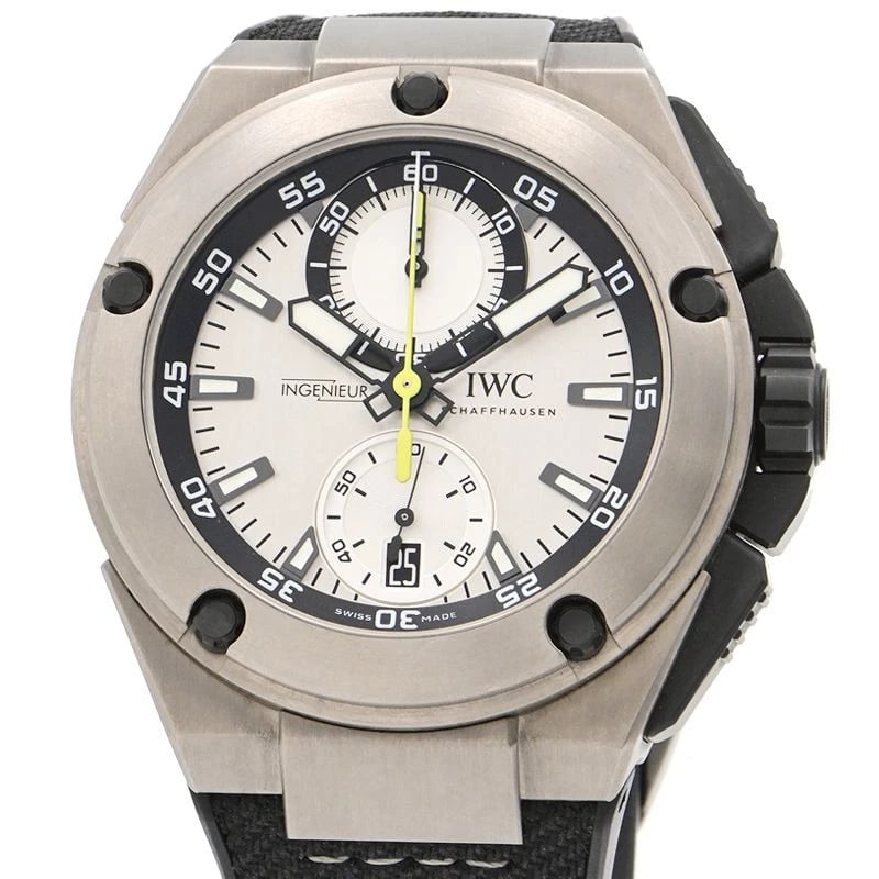 IWC INGENIEUR CHRONOGRAPH WATCH: IWC Ingenieur Chronograph Watch Brand: IWC Type: Wristwatch Material: Band Material Titanium Calf Leather X Rubber Strap, Case Material NA Color: Band Color Silver Size: Band Size 19.5cm, Case Siz
