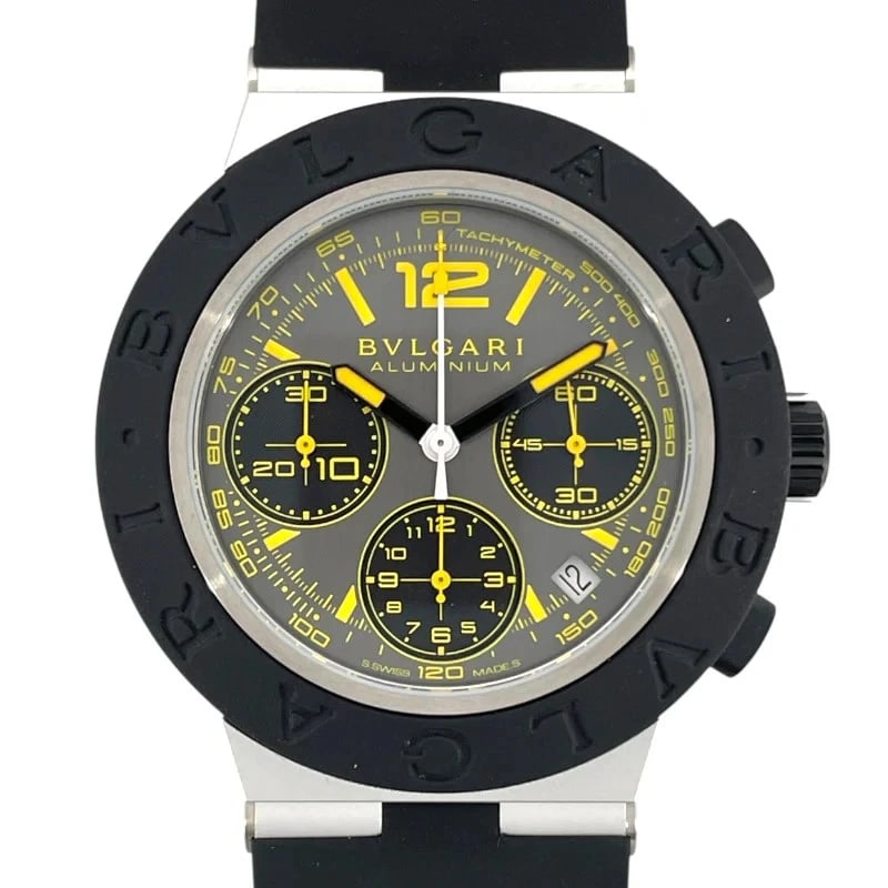 BVLGARI ALUMINIUM GRAN TURISMO GREY WATCH: Bvlgari Aluminium Gran Turismo Grey Watch Brand: BVLGARI Type: Wrist watch Material: aluminum Color: Dial Color Gray Size: [ Case size ] 41mm / Case shape: Round face / Case thickness: 12.5mm