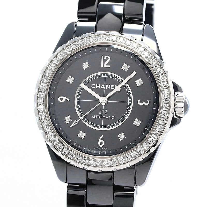 CHANEL J12 BLACK CERAMIC DIAMOND BEZEL WATCH: Chanel J12 Black Ceramic Diamond Bezel Watch Brand: CHANEL Type: Wrist watch Material: Case Material Ce Band Material Ceramic Color: Dial Color Black Size: [ Case size ] 38mm [ Arm circumference s