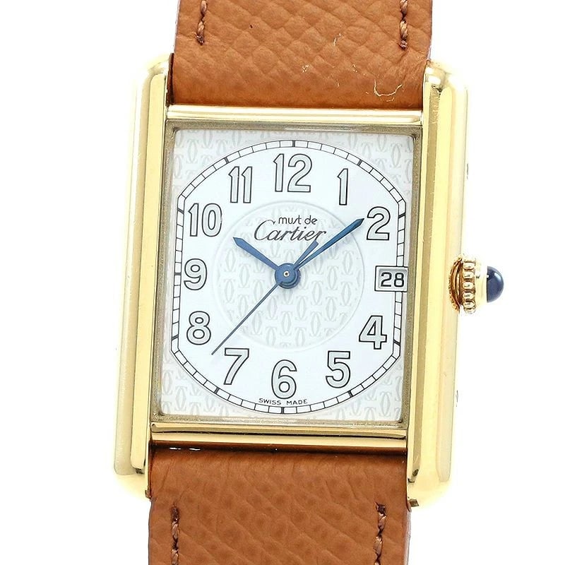 CARTIER MUST TANK JUMBO VERMEIL WATCH: Cartier Must Tank Jumbo Vermeil Watch Brand: CARTIER Type: Wrist watch Material: Case Material Silver 925 (Gold Plated) Band Material New aftermarket calfskin/SS (gold-plated) buckle Color: