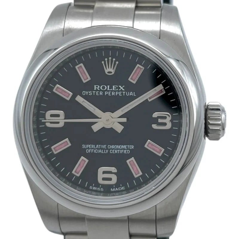 ROLEX OYSTER PERPETUAL BLACK WATCH: Rolex Oyster Perpetual Black Watch Brand: ROLEX Type: Wrist watch Material: SS Color: Dial Color Black Size: [ Case size ] 26mm / Case shape: Round face / Case thickness: 10mm [ Arm