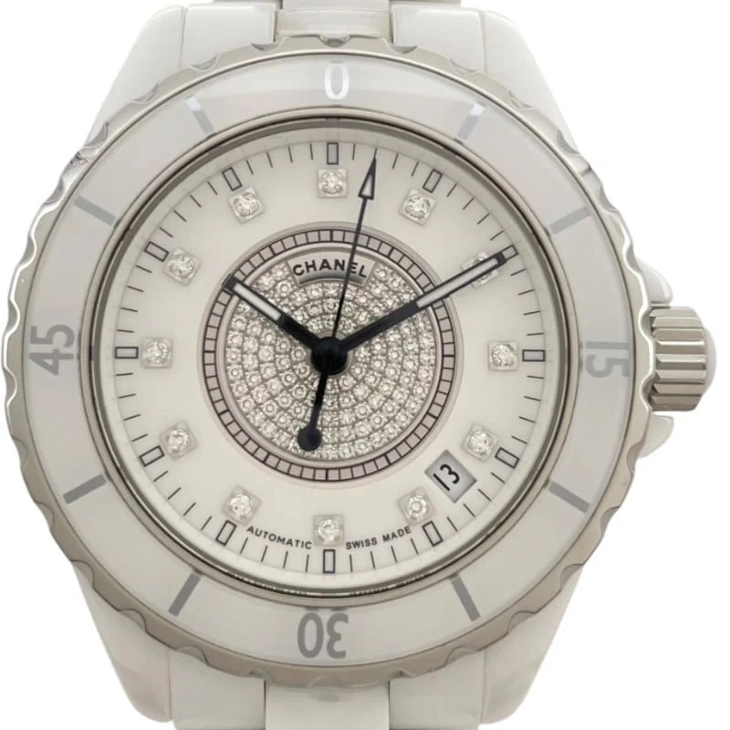 CHANEL J12 DIAMOND WHITE CERAMIC/SS WATCH: Chanel J12 Diamond White Ceramic/SS Watch Brand: CHANEL Type: Wrist watch Material: Ceramic/SS Color: Dial Color White Size: [ Case size ] 38mm / Case shape: Round face / Case thickness: 11mm