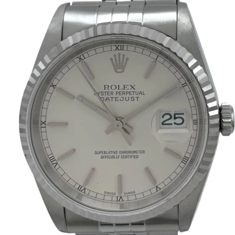 ROLEX DATEJUST SILVER WG/SS WATCH: Rolex Datejust Silver WG/SS Watch Brand: ROLEX Type: Wrist watch Material: WG/SS Color: Dial Color Silver Size: [ Case size ] 36mm / Case thickness: 11.5mm [ Arm circumference size ] 17.5cm 