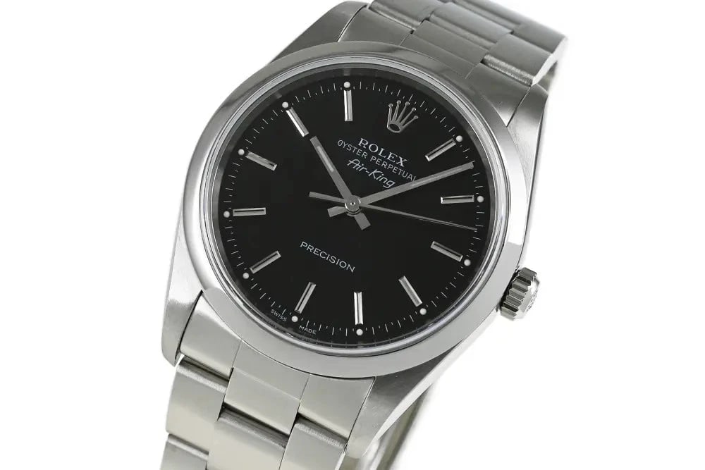 ROLEX AIR-KING WATCH: ROLEX Air-King Watch Brand: ROLEX Type: Wrist watch Material: SS Color: Dial Color Black Size: Case Thickness 11mm [ Case size ] 34mm [ Arm circumference size ] 19.5cm Accessories: None