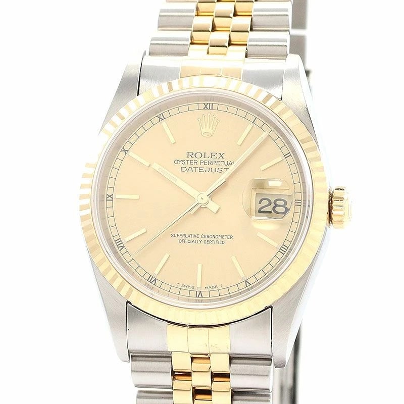 ROLEX OYSTER PERPETUAL DATEJUST WATCH: Rolex Oyster Perpetual Datejust Watch Brand: ROLEX Type: Wrist watch Material: Stainless Steel/18K Yellow Gold Color: Dial Color Champagne Gold Size: [ Case size ] 36mm [ Arm circumference