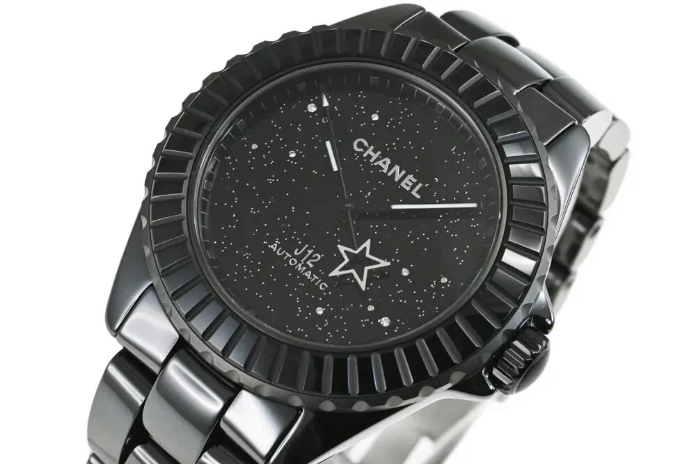 CHANEL J12 INTERSTELLAR WATCH: CHANEL J12 Interstellar Watch Brand: CHANEL Type: Wrist watch Material: CE/SS Color: Dial Color Black/Diamond 6 Size: Case Thickness 13mm [ Case size ] 38mm [ Arm circumference size ] 18.5cm 