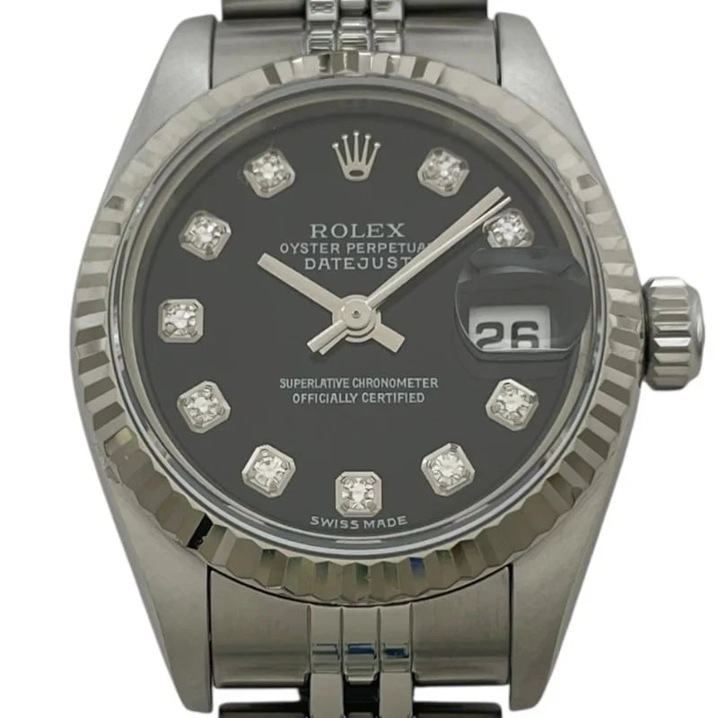 ROLEX DATEJUSTBLACK WG/SS WATCH: Rolex DatejustBlack WG/SS Watch Brand: ROLEX Type: Wrist watch Material: WG/SS Color: Dial Color Black Size: [ Case size ] 26mm / Case shape: Round face / Case thickness: 10.7mm [ Arm
