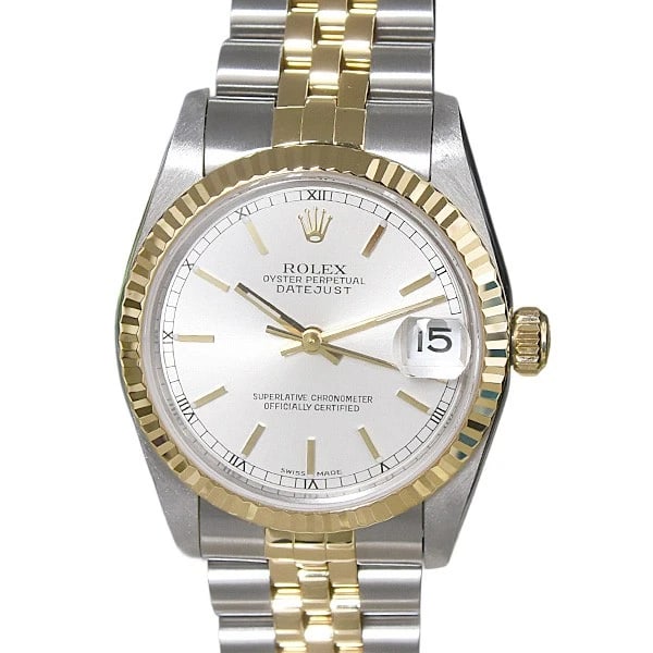 ROLEX DATEJUST SS×YG WATCH: Rolex Datejust SS×YG Watch Brand: ROLEX Type: Wrist watch Material: SS×750YG Color: Dial Color Silver Dial Size: [ Case size (including crown) ] 33.0mm [ Band size (cm) ] 17.5cm 