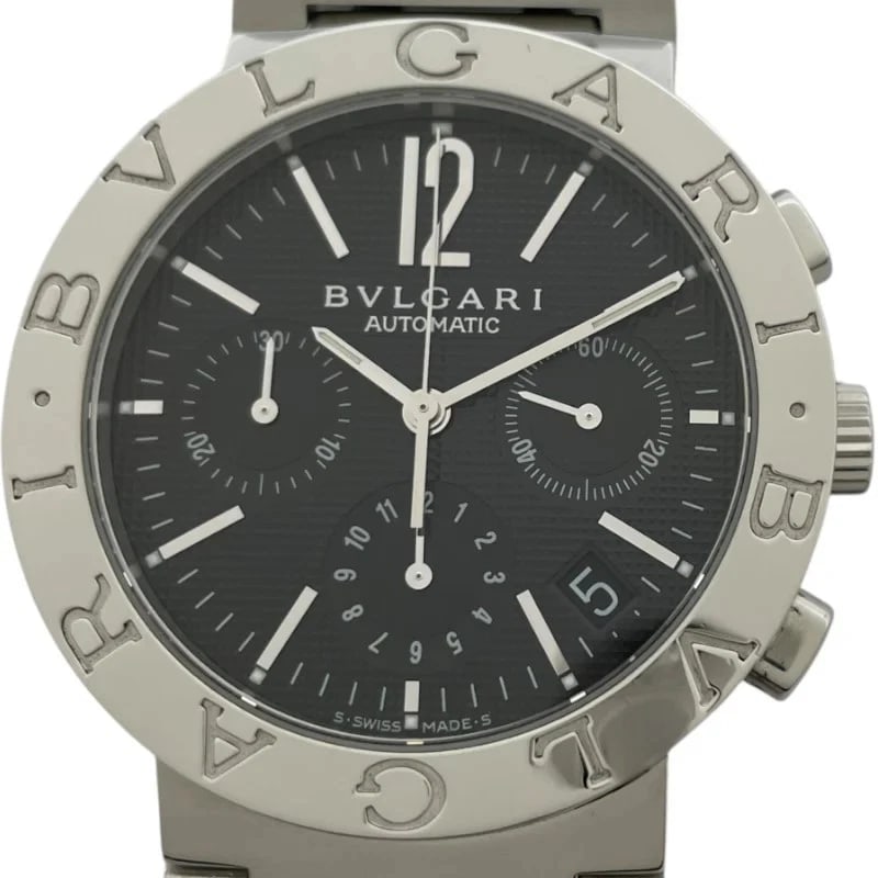 BVLGARI CHRONOGRAPH BLACK WATCH: Bvlgari Chronograph Black Watch Brand: BVLGARI Type: Wrist watch Material: SS Color: Dial Color Black Size: [ Case size ] 38mm / Case shape: Round face / Case thickness: 11mm [ Arm