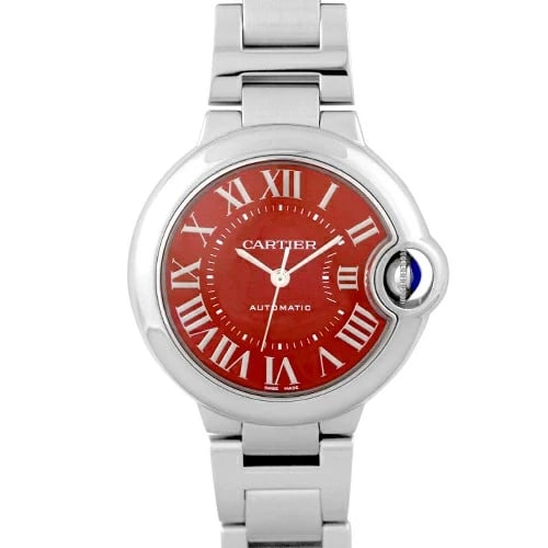 CARTIER BALLON RED DIAL WATCH: CARTIER Ballon Red Dial Watch Brand: Cartier Type: Wrist watch Material: SS Color: Dial Color Red Size: [ Case size ] 33mm Accessories: None Accessories Notice: When purchasing pre-owned