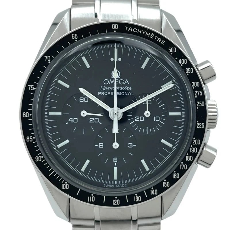 OMEGA SPEEDMASTER MOONWATCH BLACK WATCH: Omega Speedmaster Moonwatch Black Watch Brand: OMEGA Type: Wrist watch Material: SS Color: Dial Color Black Size: [ Case size ] 42mm / Case shape: Round face / Case thickness: 14.0mm [ Arm