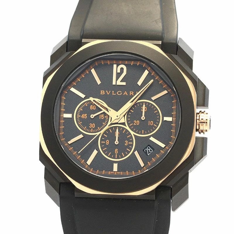 BVLGARI OCTO ORIGINALE CHRONOGRAPH WATCH: Bvlgari Octo Originale Chronograph Watch Brand: BVLGARI Type: Wrist watch Material: Case Material Stainless Steel (Dlc)/Pink Gold Band Material Rubber/SS (DLC) buckle Color: Dial Color Black 