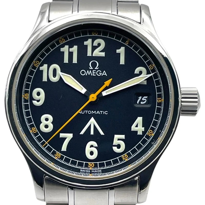 OMEGA DYNAMIC BROAD ARROW BLACK WATCH: Omega Dynamic Broad Arrow Black Watch Brand: OMEGA Type: Wrist watch Material: SS Color: Dial Color Black Size: [ Case size ] 36mm / Case shape: Round face / Case thickness: 9.5mm [ Arm