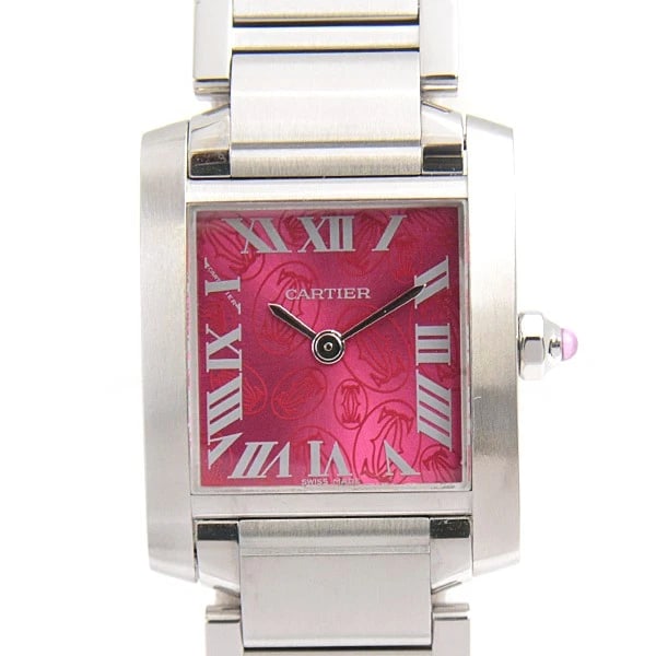 CARTIER TANK FRANÇAISE CHRISTMAS RASPBERRY WATCH: Cartier Tank Française Christmas Raspberry Watch Brand: CARTIER Type: Wrist watch Material: SS Color: Dial Color Raspberry Pink Dial Size: [ Case size (including crown) ] 23.6mm [ Band size