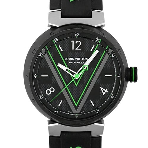 LOUIS VUITTON TAMBOUR DAMIER GRAPHITE WATCH: LOUIS VUITTON Tambour Damier Graphite Watch Brand: Louis Vuitton Type: Wrist watch Material: PVD (SS) x Rubber Color: Dial Color Black Size: [ Case size ] 41.5mm Accessories: None Accessories