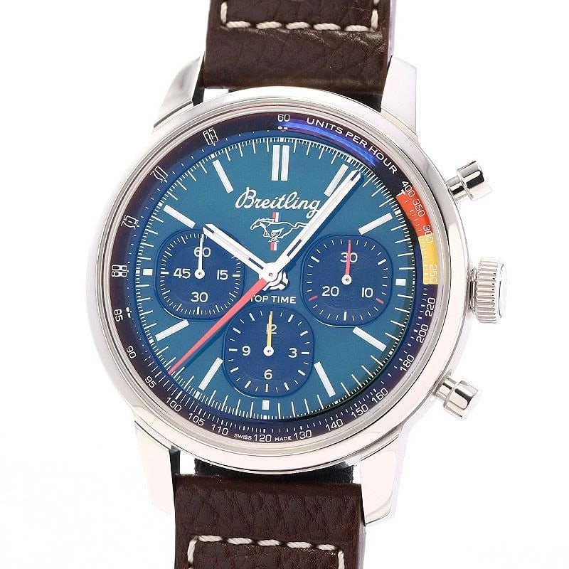 BREITLING TOP FORD MUSTANG WATCH: Breitling Top Ford Mustang Watch Brand: BREITLING Type: Wrist watch Material: Case Material Stainless Steel Band Material Calfskin/SS buckle Color: Dial Color Green/Black Size: [ Case size ]