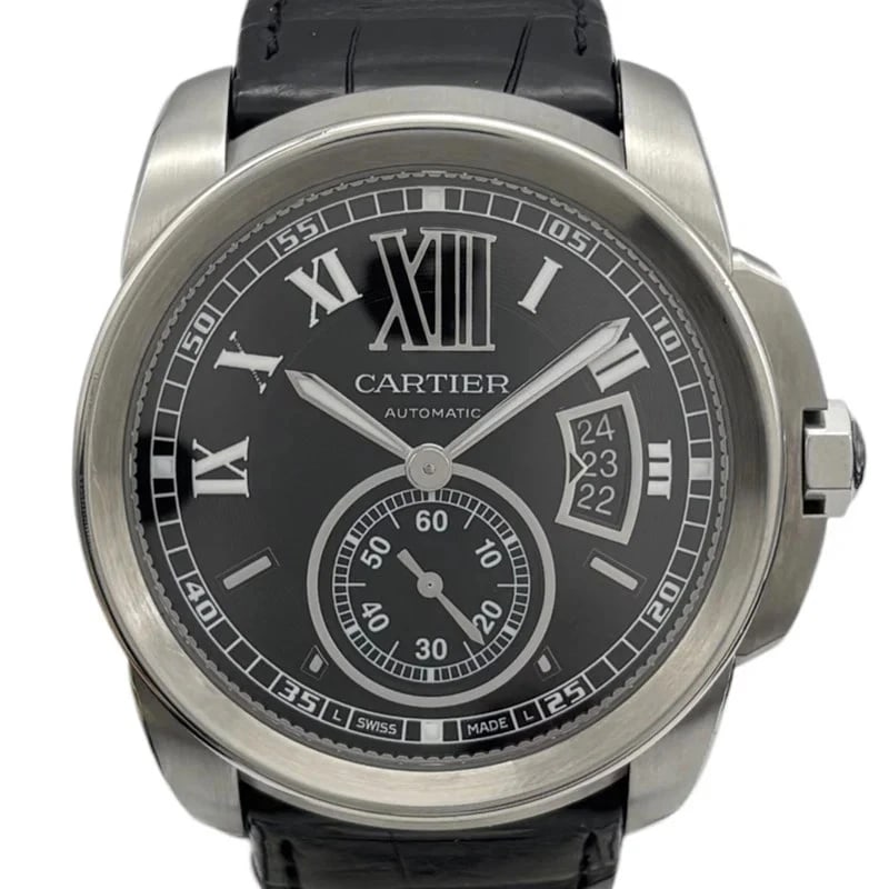CARTIER CALIBRE BLACK WATCH: Cartier Calibre Black Watch Brand: CARTIER Type: Wrist watch Material: SS Color: Dial Color Black Size: [ Case size ] 42mm [ Arm circumference size ] 16cm Accessories: None Accessories