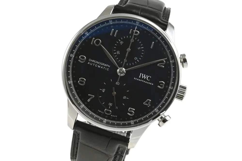 IWC PORTUGUESE CHRONOGRAPH WATCH: IWC Portuguese Chronograph Watch Brand: IWC Type: Wrist watch Material: Case Material SS Band Material Genuine Leather Belt, D-Buckle Color: Dial Color Black Size: Case Size 41mm Case