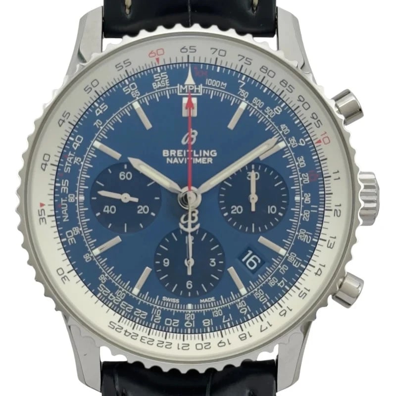 BREITLING NAVITIMER CHRONOGRAPH BLUE WATCH: Breitling Navitimer Chronograph Blue Watch Brand: BREITLING Type: Wrist watch Material: Stainless steel Color: Dial Color Blue Size: [ Case size ] 43mm / Case thickness: 14.2mm Accessories: None