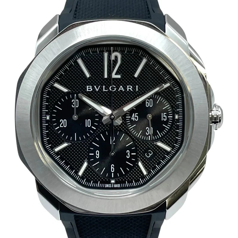 BVLGARI OCTO ROMA CHRONOGRAPH BLACK WATCH: Bvlgari Octo Roma Chronograph Black Watch Brand: BVLGARI Type: Wrist watch Material: SS Color: Dial Color Black Size: [ Case size ] 42mm / Case shape: Round face / Case thickness: 12.7mm [ Arm