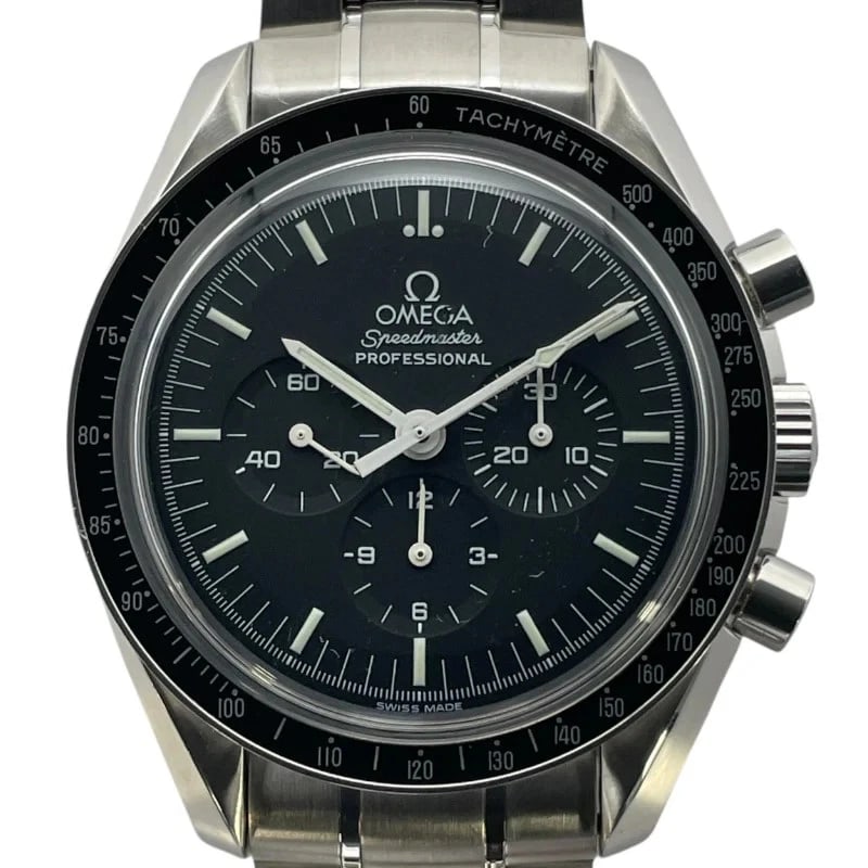 OMEGA SPEEDMASTER PROFESSIONAL MOONWATCH BLACK WATCH: Omega Speedmaster Professional Moonwatch Black Watch Brand: OMEGA Type: Wrist watch Material: SS Color: Dial Color Black Size: [ Case size ] 42mm / Case shape: Round face / Case thickness: