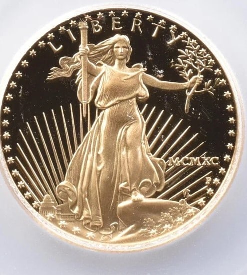 1990-P $25 AMERICAN GOLD EAGLE: 1990-P $25 American Gold Eagle Brand/Mint: None Year: 1990 Denomination: $25 Country of Origin: United States Accessories: None Accessories Notice: When purchasing pre-owned goods, please