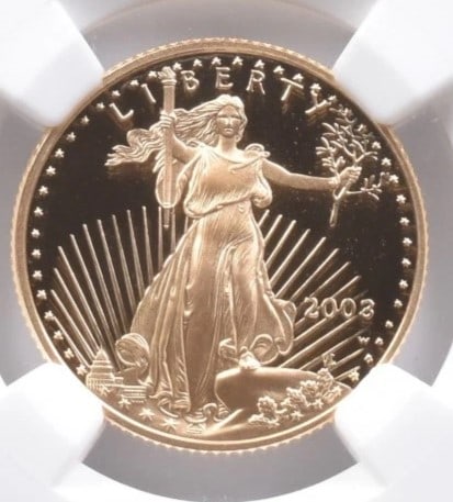 2003-W $10 AMERICAN GOLD EAGLE: 2003-W $10 American Gold Eagle Brand/Mint: None Year: 2003 Denomination: $10 Country of Origin: United States Accessories: None Accessories Notice: When purchasing pre-owned goods, please