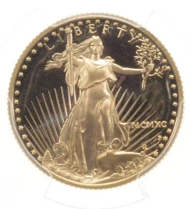 1990-P $10 AMERICAN GOLD EAGLE: 1990-P $10 American Gold Eagle Brand/Mint: U.S. Mint Year: 1990 Denomination: $10 Country of Origin: United States Accessories: None Accessories Notice: When purchasing pre-owned goods, please