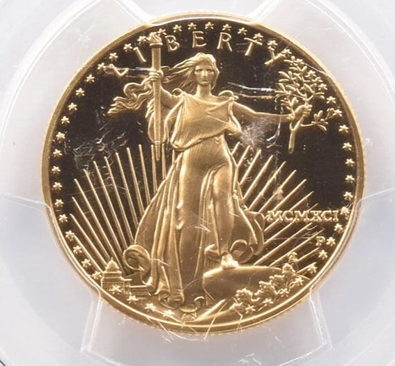 1991-P $25 AMERICAN GOLD EAGLE REAGAN: 1991-P $25 American Gold Eagle Reagan Brand/Mint: None Year: 1991 Denomination: $25 Country of Origin: United States Accessories: None Accessories Notice: When purchasing pre-owned goods, please r
