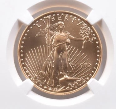 1999 $25 AMERICAN GOLD EAGLE: 1999 $25 American Gold Eagle Brand/Mint: None Year: 1999 Denomination: $25 Country of Origin: United States Accessories: None Accessories Notice: When purchasing pre-owned goods, please refer to t