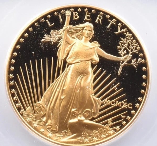 1990-W $50 AMERICAN GOLD EAGLE: 1990-W $50 American Gold Eagle Brand/Mint: None Year: 1990 Denomination: $50 Country of Origin: United States Accessories: None Accessories Notice: When purchasing pre-owned goods, please