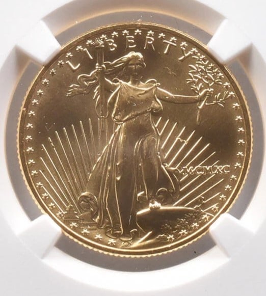 1990 $25 AMERICAN GOLD EAGLE: 1990 $25 American Gold Eagle Brand/Mint: None Year: 1990 Denomination: $25 Country of Origin: United States Accessories: None Accessories Notice: When purchasing pre-owned goods, please refer