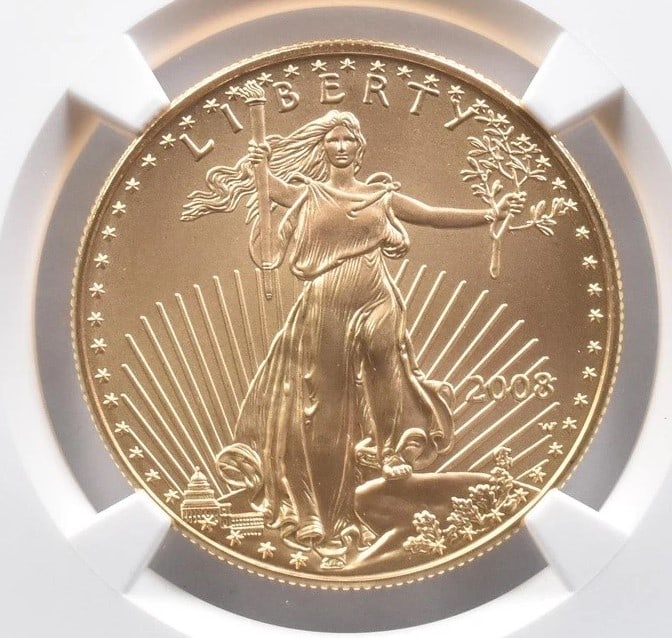 2008-W $50 BURNISHED GOLD EAGLE: 2008-W $50 Burnished Gold Eagle Brand/Mint: None Year: 2008 Denomination: $50 Country of Origin: United States Accessories: None Accessories Notice: When purchasing pre-owned goods, please