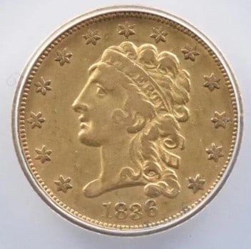 1836 $2.50 CLASSIC HEAD GOLD QUARTER EAGLE: 1836 $2.50 Classic Head Gold Quarter Eagle Brand/Mint: None Year: 1836 Denomination: $2.50 Country of Origin: United States Accessories: None Accessories Notice: When purchasing pre-owned