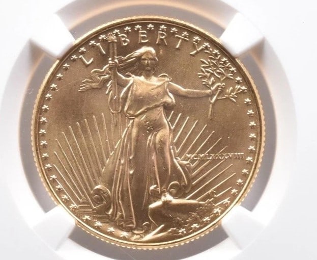 1988 $25 AMERICAN GOLD EAGLE: 1988 $25 American Gold Eagle Brand/Mint: None Year: 1988 Denomination: $25 Country of Origin: None Accessories: None Accessories Notice: When purchasing pre-owned goods, please refer to the