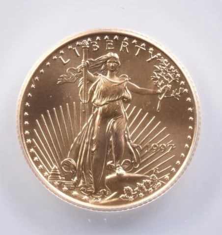1997 $10 AMERICAN GOLD EAGLE: 1997 $10 American Gold Eagle Brand/Mint: U.S. Mint Year: 1997 Denomination: $10 Country of Origin: United States Accessories: None Accessories Notice: When purchasing pre-owned goods, please refer