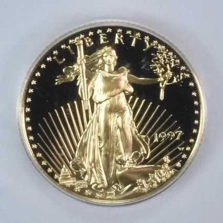 1997-W $10 AMERICAN GOLD EAGLE: 1997-W $10 American Gold Eagle Brand/Mint: None Year: 1997 Denomination: $10 Country of Origin: United States Accessories: None Accessories Notice: When purchasing pre-owned goods, please refer to