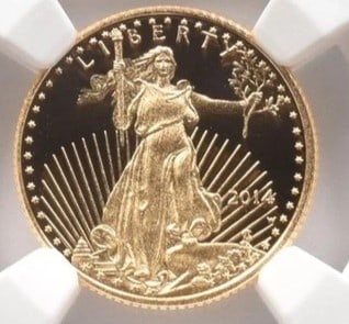2014-W $5 AMERICAN GOLD EAGLE: 2014-W $5 American Gold Eagle Brand/Mint: U.S. Mint Year: 2014 Denomination: $5 Country of Origin: United States Accessories: None Accessories Notice: When purchasing pre-owned goods, please