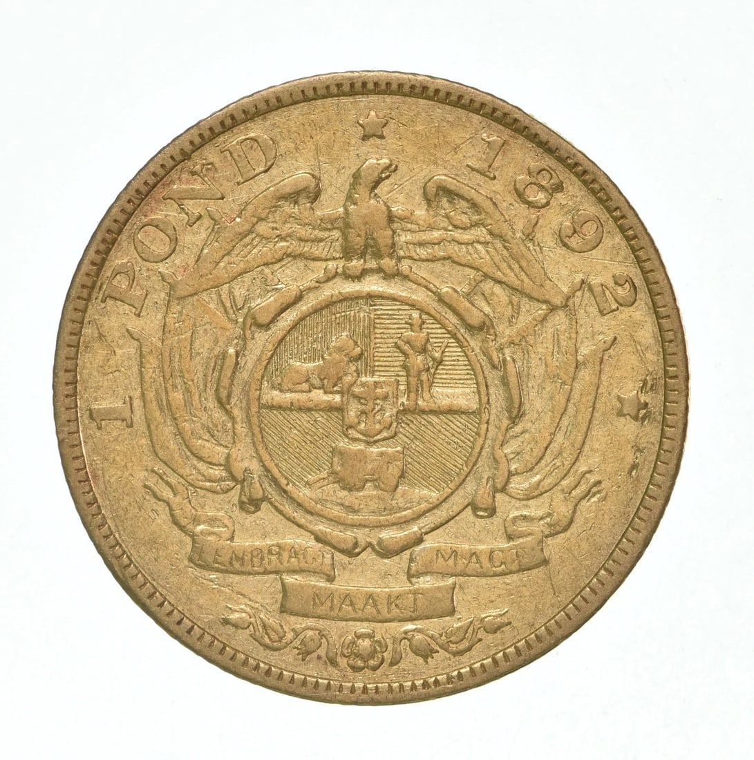 1892 SOUTH AFRICA 1 POND GOLD: 1892 South Africa 1 Pond Gold Brand/Mint: None Year: 1892 Denomination: 1 Pond Country of Origin: None Accessories: None Accessories Notice: When purchasing pre-owned goods, please refer to