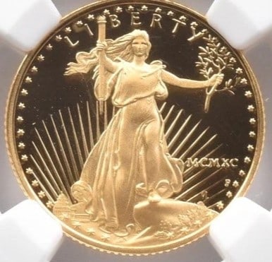 1990-P $10 AMERICAN GOLD EAGLE: 1990-P $10 American Gold Eagle Brand/Mint: None Year: 1990 Denomination: $10 Country of Origin: None Accessories: None Accessories Notice: When purchasing pre-owned goods, please refer to the
