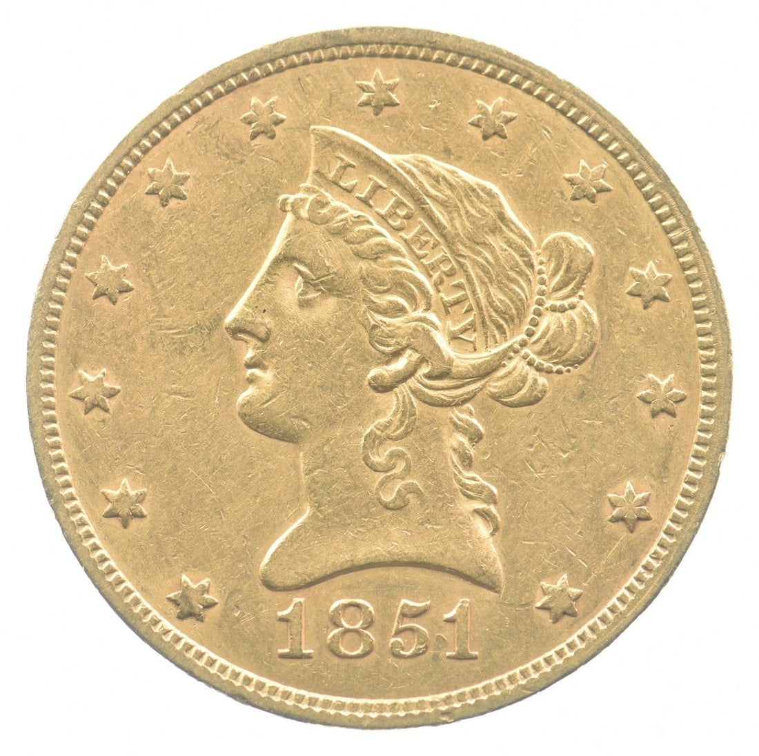 1851 $10 LIBERTY HEAD GOLD EAGLE: 1851 $10 Liberty Head Gold Eagle Brand/Mint: None Year: 1851 Denomination: $10 Country of Origin: United States Accessories: None Accessories Notice: When purchasing pre-owned goods, please