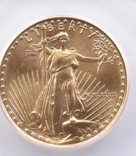 1989 $25 AMERICAN GOLD EAGLE: 1989 $25 American Gold Eagle Brand/Mint: None Year: 1989 Denomination: $25 Country of Origin: None Accessories: None Accessories Notice: When purchasing pre-owned goods, please refer to the photos