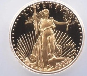 1997-W $5 AMERICAN GOLD EAGLE: 1997-W $5 American Gold Eagle Brand/Mint: None Year: 1997 Denomination: $5 Country of Origin: United States Accessories: None Accessories Notice: When purchasing pre-owned goods, please refer to t