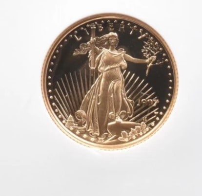 1997-W $5 AMERICAN GOLD EAGLE: 1997-W $5 American Gold Eagle Brand/Mint: None Year: 1997 Denomination: $5 Country of Origin: United States Accessories: None Accessories Notice: When purchasing pre-owned goods, please refer to t
